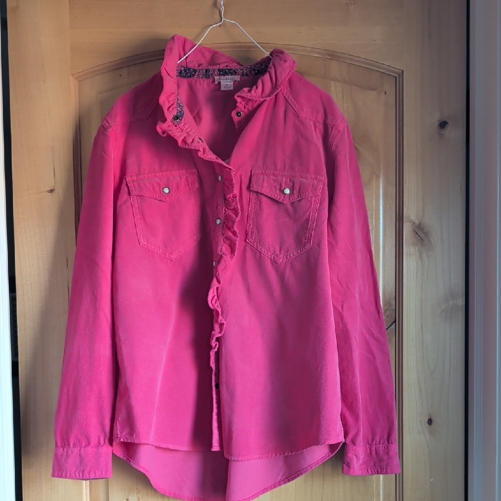 Sundance Hot Pink Ruffled Blouse, Micro Cord, Size Medium